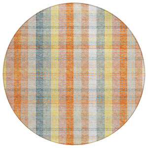 8' Peach Ivory And Orange Round Plaid Washable Indoor Outdoor Area Rug