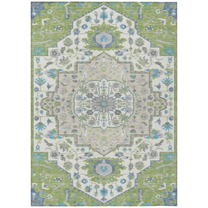 9' X 12' Artichoke Green Blue And Ivory Oriental Washable Indoor Outdoor Area Rug