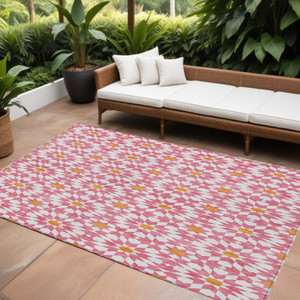 9' X 12' Pink Ivory And Orange Floral Medallion Washable Indoor Outdoor Area Rug
