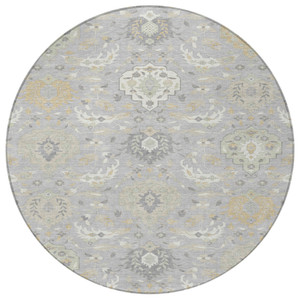 8' Gray Ivory And Gold Round Damask Washable Indoor Outdoor Area Rug