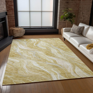 10' X 14' Gold Beige And Ivory Abstract Washable Indoor Outdoor Area Rug