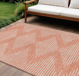 9' X 12' Salmon And Ivory Geometric Washable Indoor Outdoor Area Rug Transitional Style - Salmon, Ivory Color
