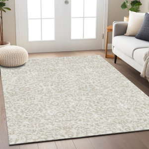 8' X 10' Ivory And Beige Damask Washable Indoor Outdoor Area Rug