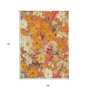 9' X 12' Orange Peach And Salmon Floral Washable Indoor Outdoor Area Rug