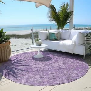 8' Lilac And Purple Round Floral Washable Indoor Outdoor Area Rug