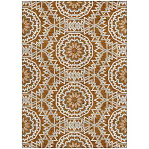8' X 10' Orange Copper And Beige Floral Medallion Washable Indoor Outdoor Area Rug