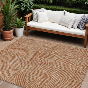 8' X 10' Terra Cotta And Brown Abstract Washable Indoor Outdoor Area Rug
