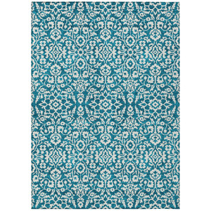 10' X 14' Teal Blue And Ivory Damask Washable Indoor Outdoor Area Rug