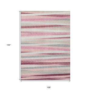 9' X 12' Pink Ivory And Gray Striped Washable Indoor Outdoor Area Rug