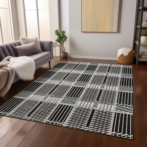 8' X 10' Black Gray And Brown Plaid Washable Indoor Outdoor Area Rug