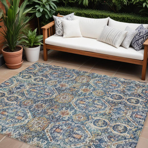 9' X 12' Denim Blue Beige And Brown Floral Washable Indoor Outdoor Area Rug