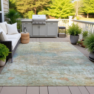 8' X 10' Wheat Sky Blue And Beige Abstract Washable Indoor Outdoor Area Rug
