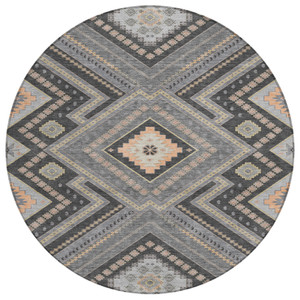 8' Gray Charcoal And Pink Round Tribal Washable Indoor Outdoor Area Rug