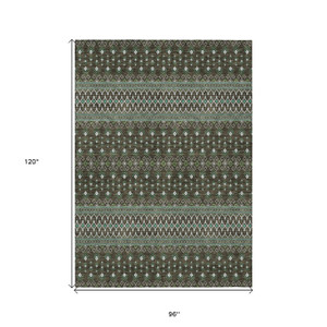 8' X 10' Brown Green And Olive Green Tribal Washable Indoor Outdoor Area Rug