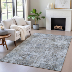 9' X 12' Blue And Taupe Abstract Washable Indoor Outdoor Area Rug