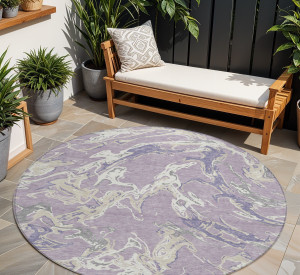 8' Lavender And Ivory Round Abstract Washable Indoor Outdoor Area Rug - Lavender, Ivory