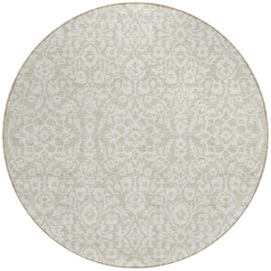 8' Beige And Ivory Round Damask Washable Indoor Outdoor Area Rug