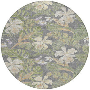 8' Gray Beige And Olive Green Round Botanical Leaves Washable Indoor Outdoor Area Rug