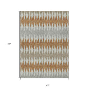 9' X 12' Orange Gray And Beige Striped Washable Indoor Outdoor Area Rug