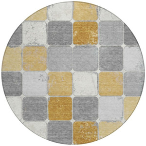 8' Gold And Gray Round Geometric Washable Indoor Outdoor Area Rug