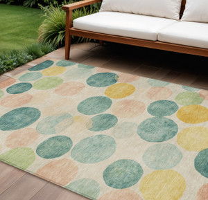 8' X 10' Teal Blue Yellow And Peach Geometric Washable Indoor Outdoor Area Rug