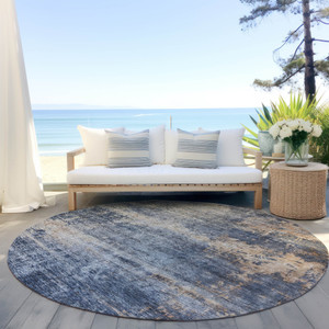 8' Denim Blue And Tan Round Abstract Washable Indoor Outdoor Area Rug