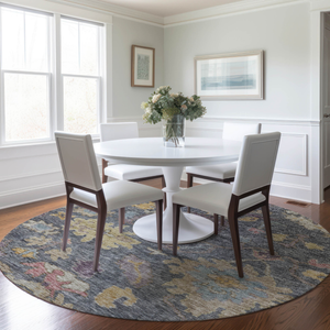8' Blue Charcoal And Gold Round Floral Washable Indoor Outdoor Area Rug