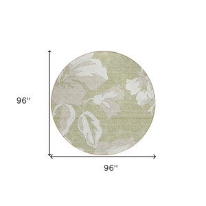 8' Artichoke Green Ivory And Taupe Round Floral Washable Indoor Outdoor Area Rug