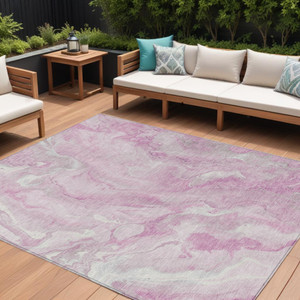 10' X 14' Pink And Silver Abstract Washable Indoor Outdoor Area Rug