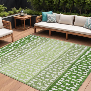 9' X 12' Green Sage And Ivory Geometric Washable Indoor Outdoor Area Rug