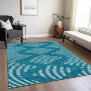 10' X 14' Teal Blue And Ivory Geometric Washable Indoor Outdoor Area Rug Transitional Style - Teal Blue, Ivory Color
