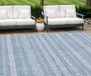 9' X 12' Blue And Denim Blue Southwestern Washable Indoor Outdoor Area Rug