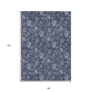 8' X 10' Denim Blue And Navy Blue Floral Washable Indoor Outdoor Area Rug - Denim Blue, Navy Blue