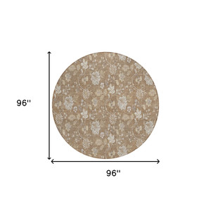 8' Copper And Beige Round Floral Washable Indoor Outdoor Area Rug