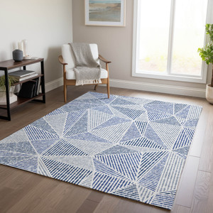 9' X 12' Navy Blue And Denim Blue Geometric Washable Indoor Outdoor Area Rug