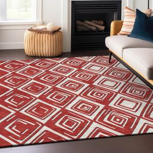 10' X 14' Red And Ivory Geometric Washable Indoor Outdoor Area Rug - 608219081249