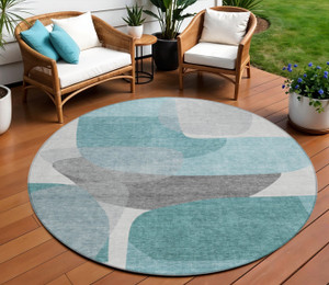 8' Teal Blue And Gray Round Abstract Washable Indoor Outdoor Area Rug - 880016524178