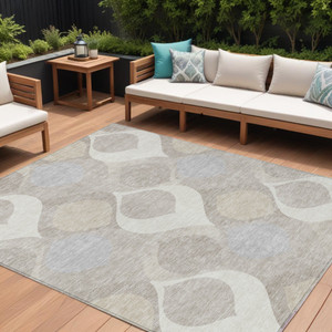 8' X 10' Ivory Beige And Tan Ogee Washable Indoor Outdoor Area Rug