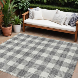 8' X 10' Gray And Charcoal Plaid Washable Indoor Outdoor Area Rug