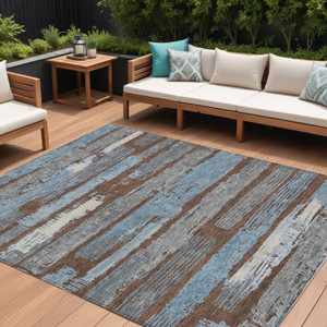 8' X 10' Chocolate Blue And Beige Striped Washable Indoor Outdoor Area Rug