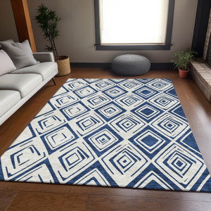 10' X 14' Navy Blue And Ivory Geometric Washable Indoor Outdoor Area Rug Transitional Style - Navy Blue, Ivory Color