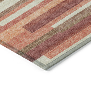 9' X 12' Coral Peach And Taupe Striped Washable Indoor Outdoor Area Rug