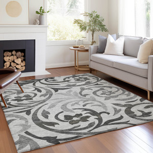 10' X 14' Gray Charcoal And Silver Floral Washable Indoor Outdoor Area Rug Transitional Style - Gray, Charcoal, Silver Color