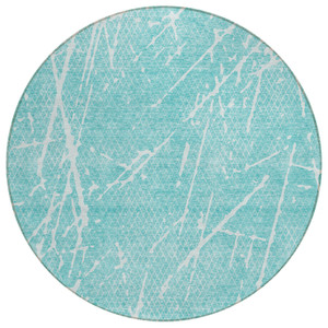8' Teal Blue And Ivory Round Abstract Washable Indoor Outdoor Area Rug