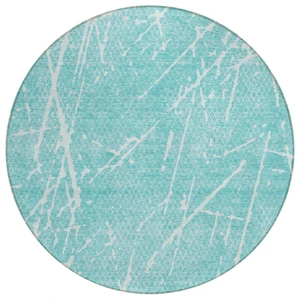 8' Teal Blue And Ivory Round Abstract Washable Indoor Outdoor Area Rug - Teal Blue, Ivory