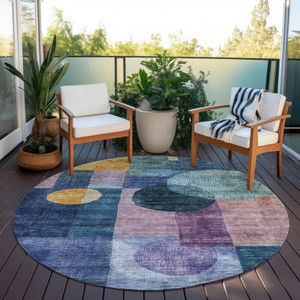 8' Blue Green And Copper Round Geometric Washable Indoor Outdoor Area Rug