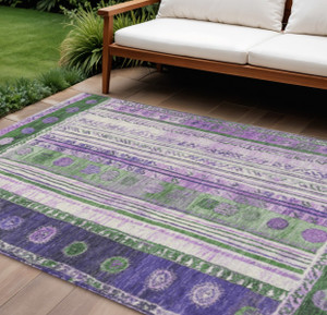 10' X 14' Green And Purple Striped Washable Indoor Outdoor Area Rug