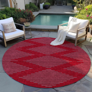 8' Red And Gray Round Geometric Washable Indoor Outdoor Area Rug