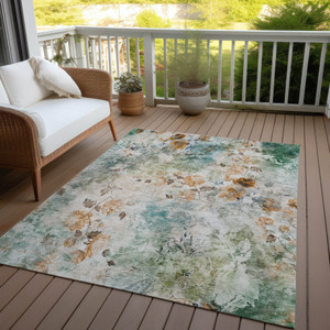 8' X 10' Teal Blue And Green Floral Washable Indoor Outdoor Area Rug