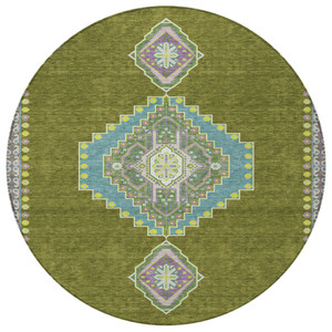 8' Olive Green Pink And Ivory Round Oriental Washable Indoor Outdoor Area Rug